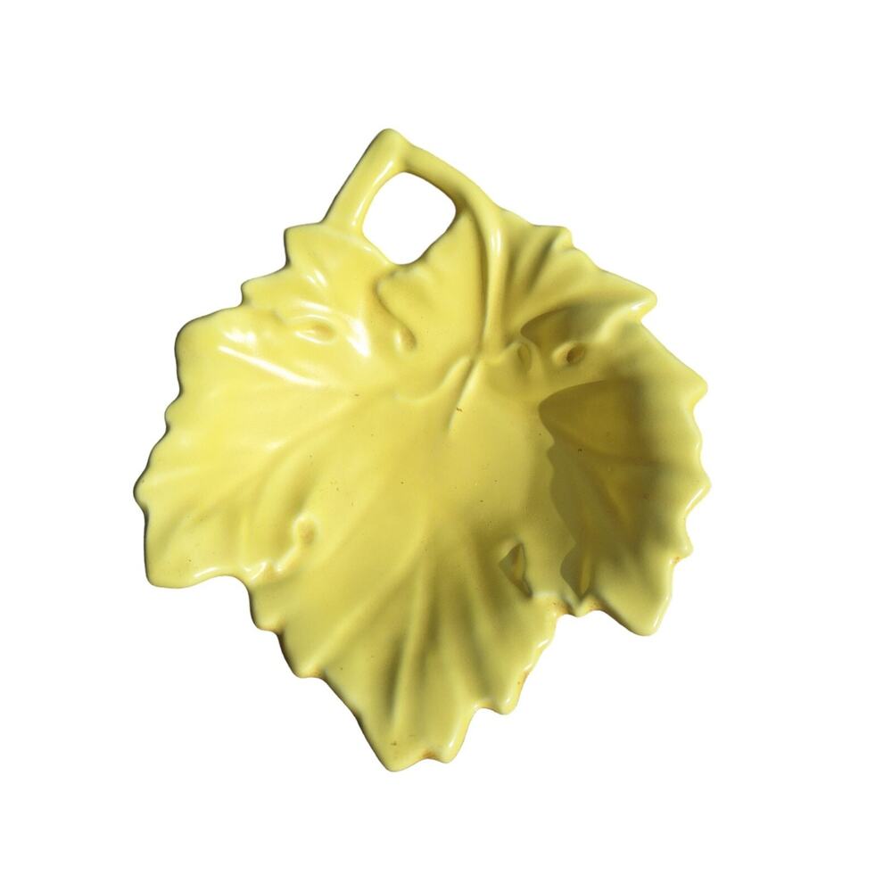 Vtg Yellow Leaf Shaped MCM Trinket Bowl 8x6 Inches Studio Pottery Fall Decor
